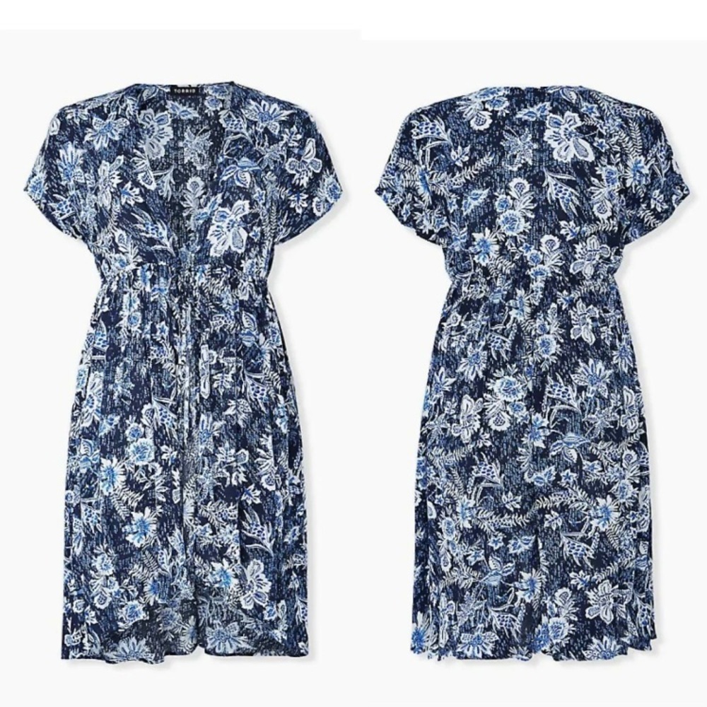 Torrid Hi-Lo Indigo Floral Kimono w Tie Waist 3/4 Plus Size
